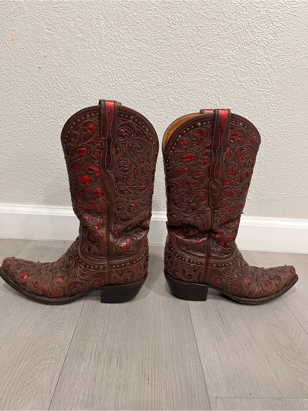 Lucchese Brown Leather Cowboy Boots with Red Inlay